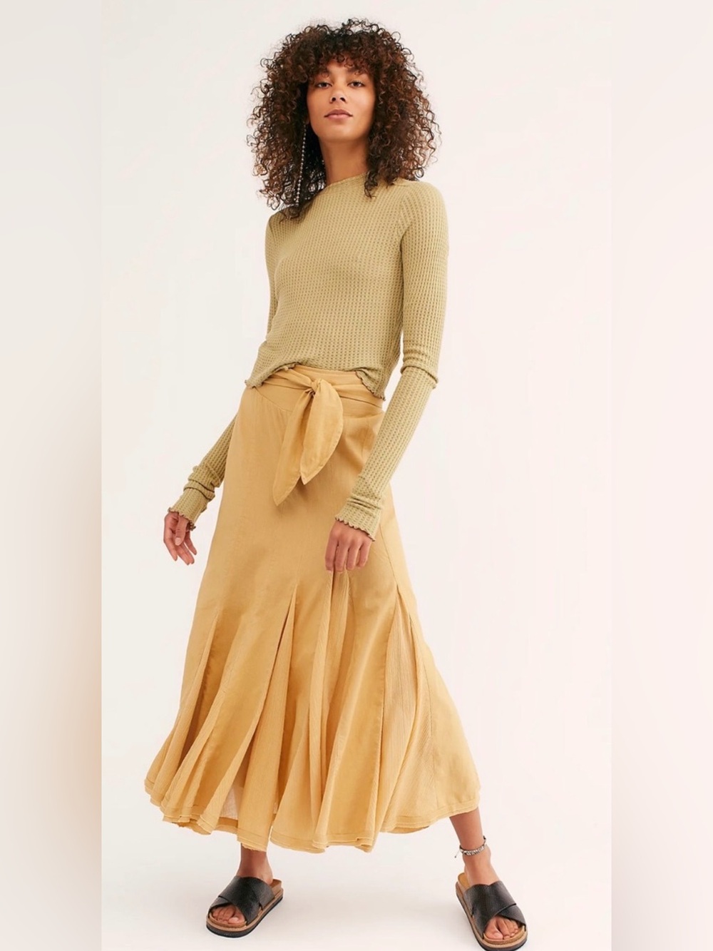 Free People Marguerita Maxi Skirt Golden Yellow Pull-On Cotton Linen Sz L NWT - Picture 1 of 13